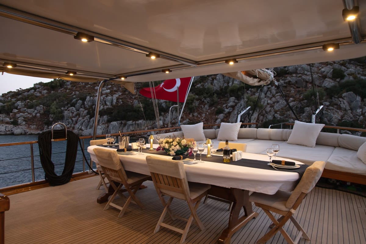 Deck of Derin Deniz, a Gulet Gulet gulet at Marmaris, Turkey