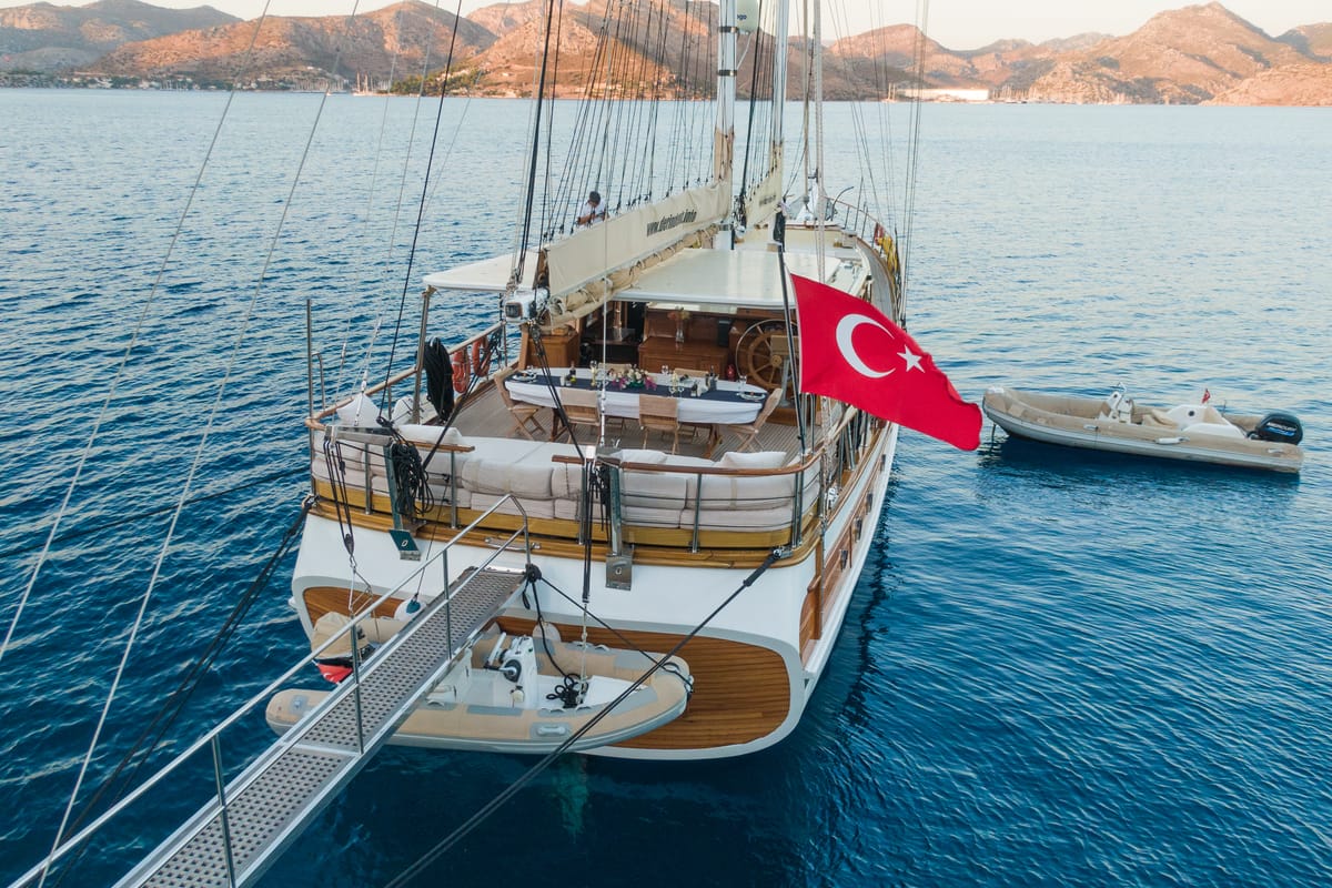 Exterior view of Derin Deniz, a Gulet Gulet gulet at Marmaris, Turkey