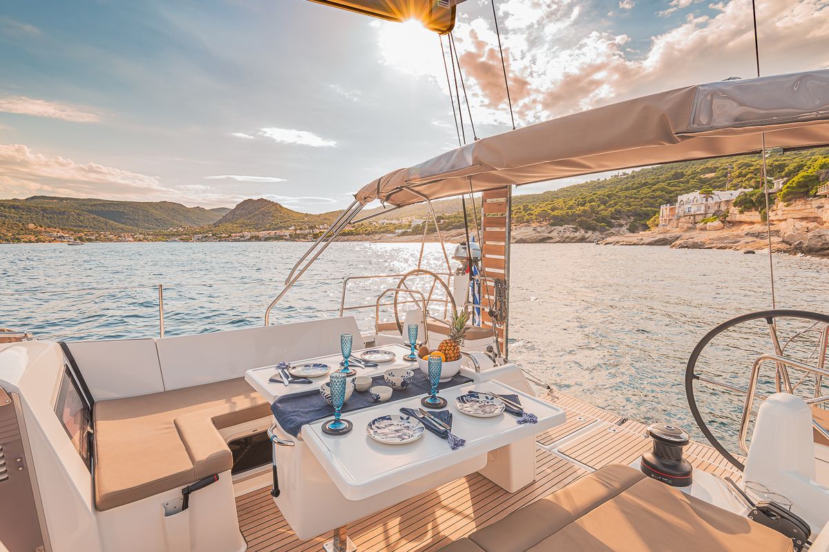 Cockpit of Jason, a Jeanneau Sun Odyssey 490 sailboat at Athens, Greece