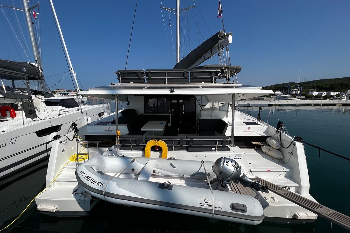 Exterior view of Santa Maria, a Fountaine Pajot Elba 45 catamaran at Općina Sukošan, Croatia