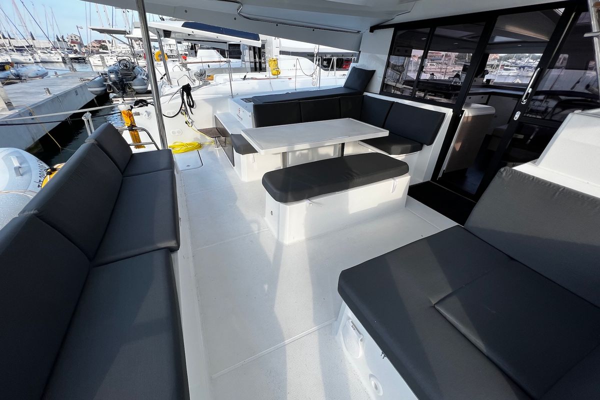 Deck of Santa Maria, a Fountaine Pajot Elba 45 catamaran at Općina Sukošan, Croatia