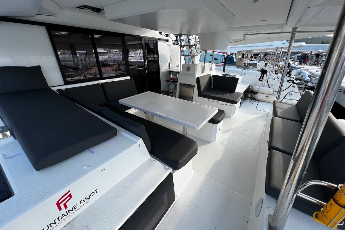 Deck of Santa Maria, a Fountaine Pajot Elba 45 catamaran at Općina Sukošan, Croatia