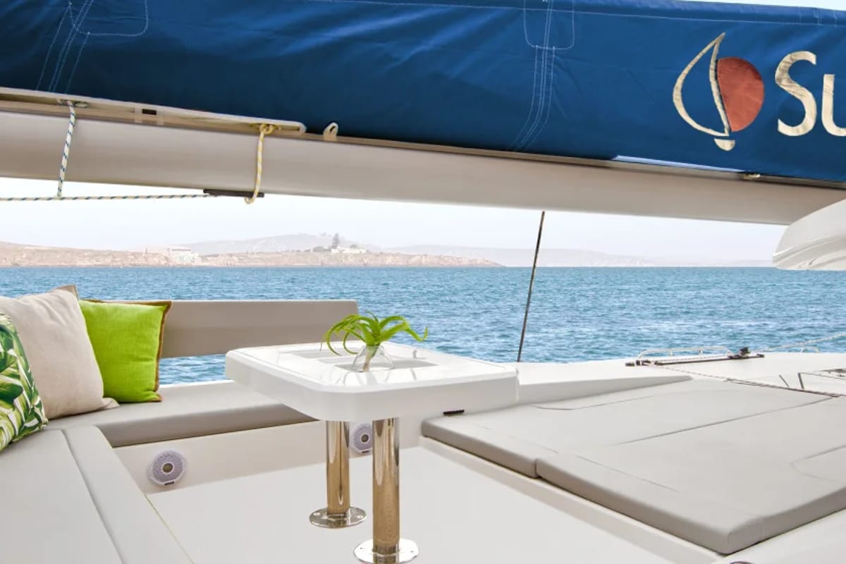 Deck of Sunsail 454L Premium, a Leopard 45 catamaran at Eden Island Marina, Seychelles