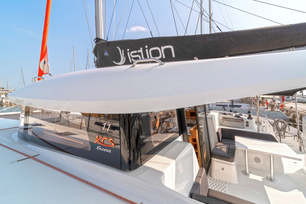 Exterior view of Luna, a Excess 11 catamaran at Gouvia, Greece