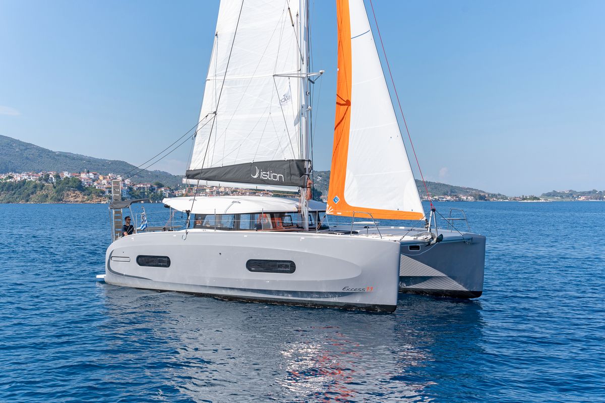 Exterior view of Luna, a Excess 11 catamaran at Gouvia, Greece
