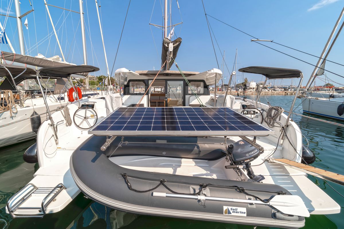 Deck of Luna, a Excess 11 catamaran at Gouvia, Greece