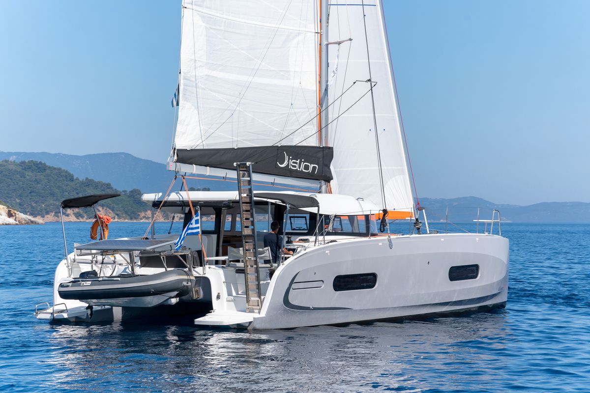 Exterior view of Luna, a Excess 11 catamaran at Gouvia, Greece
