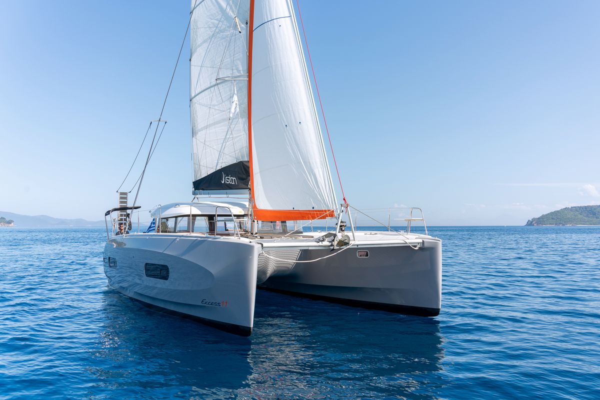 Exterior view of Luna, a Excess 11 catamaran at Gouvia, Greece