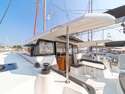 Cockpit of Luna, a Excess 11 catamaran at Gouvia, Greece
