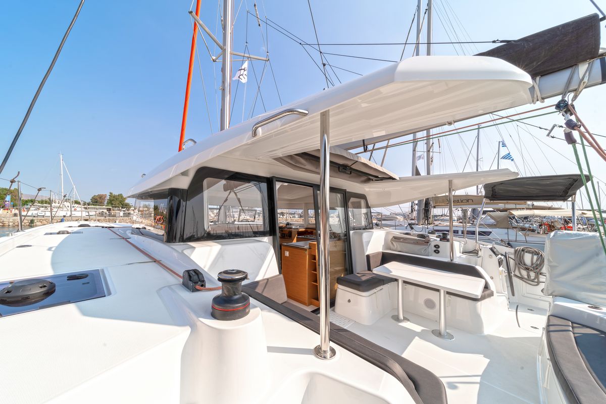 Cockpit of Luna, a Excess 11 catamaran at Gouvia, Greece