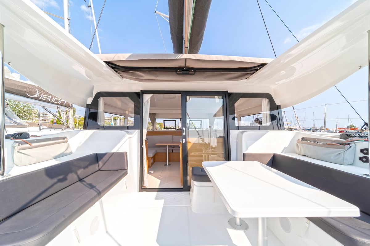 Deck of Luna, a Excess 11 catamaran at Gouvia, Greece