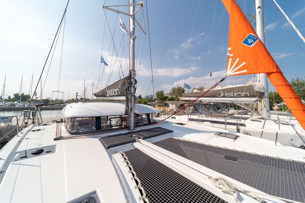 Deck of Luna, a Excess 11 catamaran at Gouvia, Greece