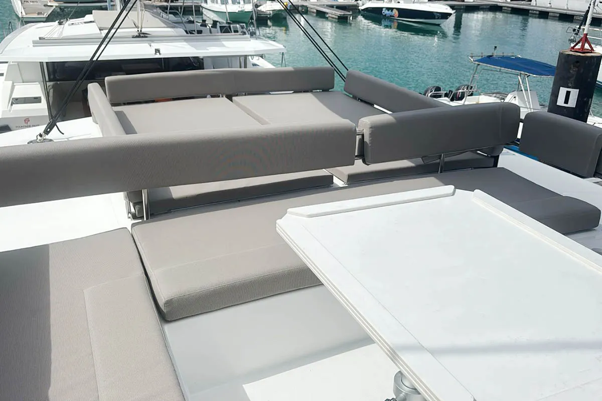 Deck of Neo, a Bali 4.4 catamaran at Seychelles, Eden Island Marina, Seychelles
