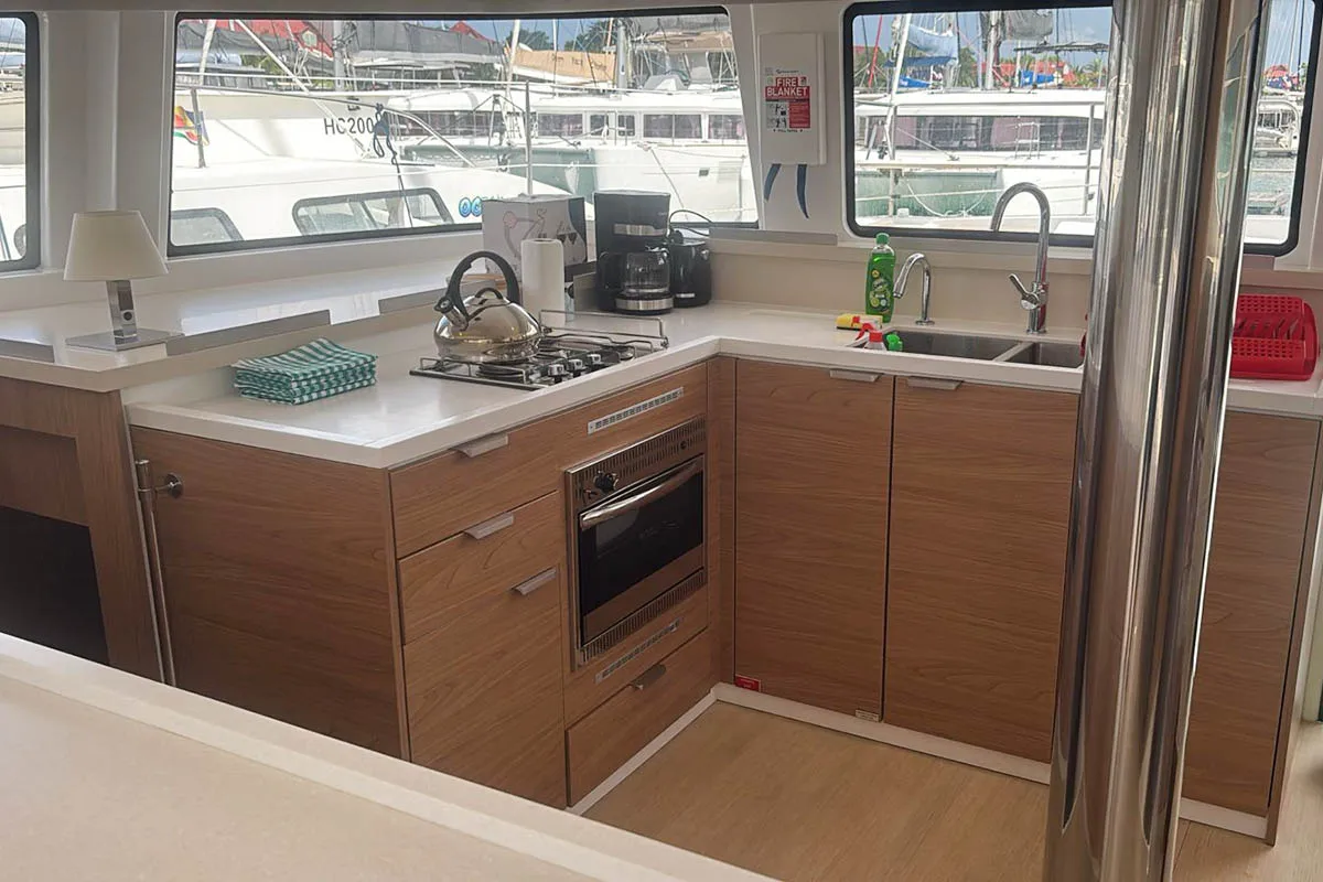 Galley of Neo, a Bali 4.4 catamaran at Seychelles, Eden Island Marina, Seychelles