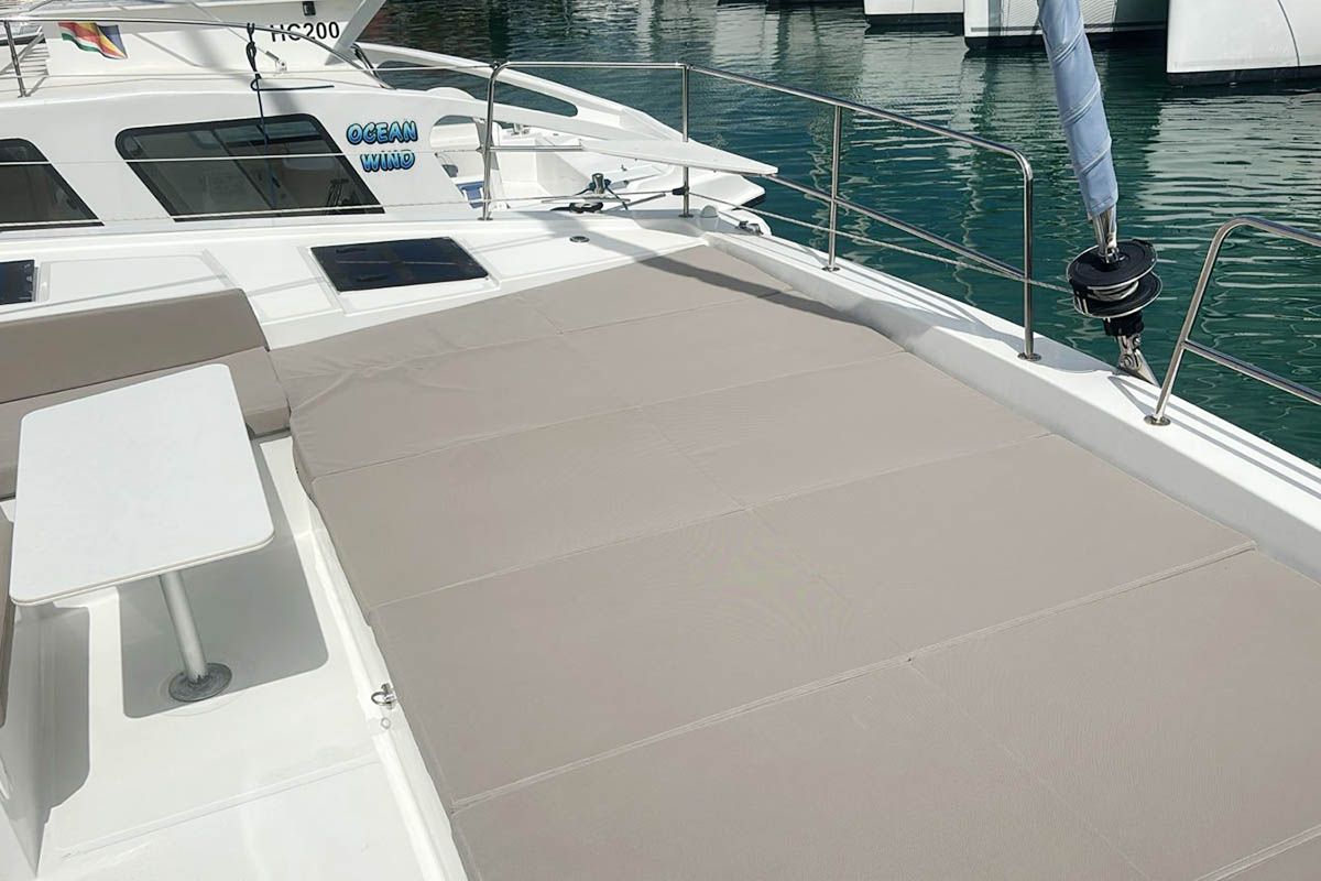 Deck of Neo, a Bali 4.4 catamaran at Seychelles, Eden Island Marina, Seychelles