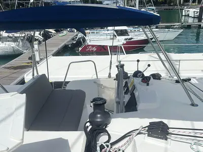 Cockpit of Neo, a Bali 4.4 catamaran at Seychelles, Eden Island Marina, Seychelles