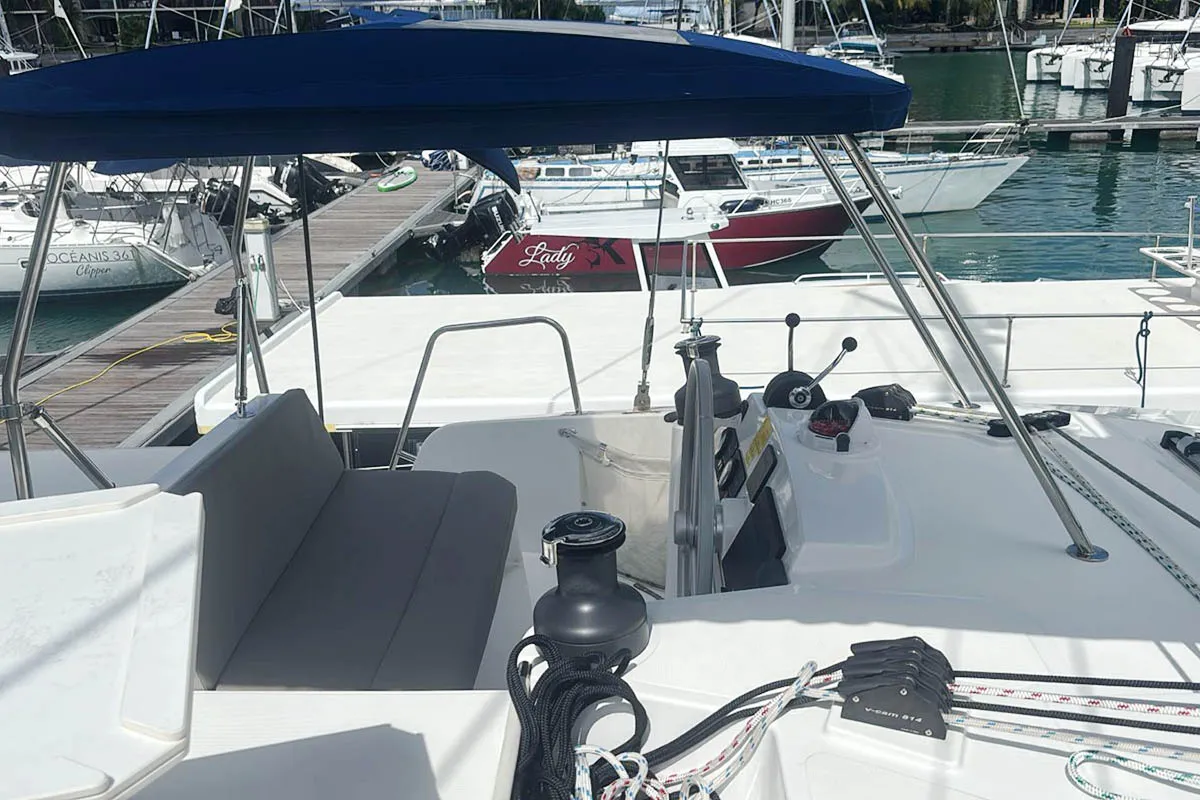 Cockpit of Neo, a Bali 4.4 catamaran at Seychelles, Eden Island Marina, Seychelles