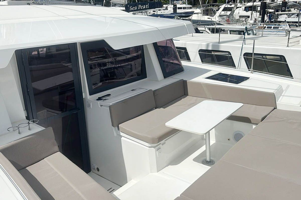Deck of Neo, a Bali 4.4 catamaran at Seychelles, Eden Island Marina, Seychelles