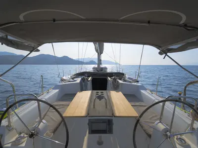 Cockpit of Daphne-S, a Dufour 405 GL sailboat at Fethiye, Turkey