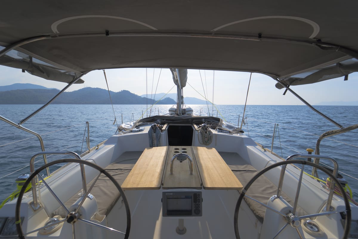 Cockpit of Daphne-S, a Dufour 405 GL sailboat at Fethiye, Turkey