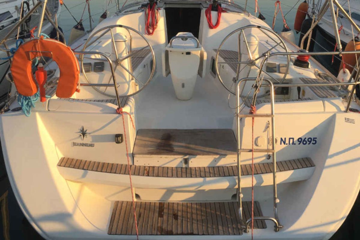 Cockpit of Sofia, a Jeanneau Sun Odyssey 39i sailboat at Preveza, Greece