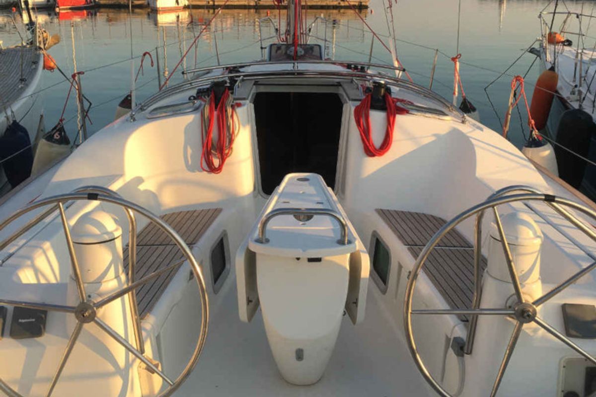 Cockpit of Sofia, a Jeanneau Sun Odyssey 39i sailboat at Preveza, Greece