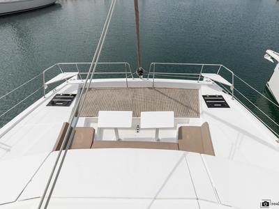 Deck of Dafne, a Bali 4.1 catamaran at Cannigione, Italy
