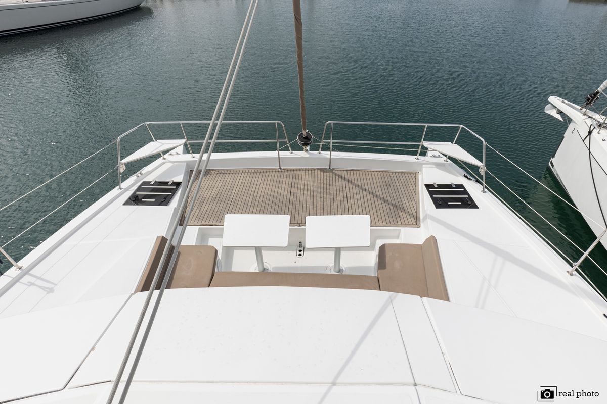 Deck of Dafne, a Bali 4.1 catamaran at Cannigione, Italy
