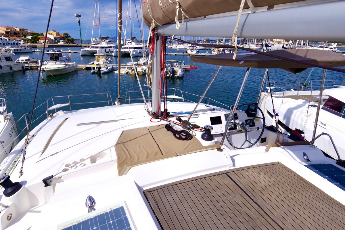 Deck of Dafne, a Bali 4.1 catamaran at Cannigione, Italy
