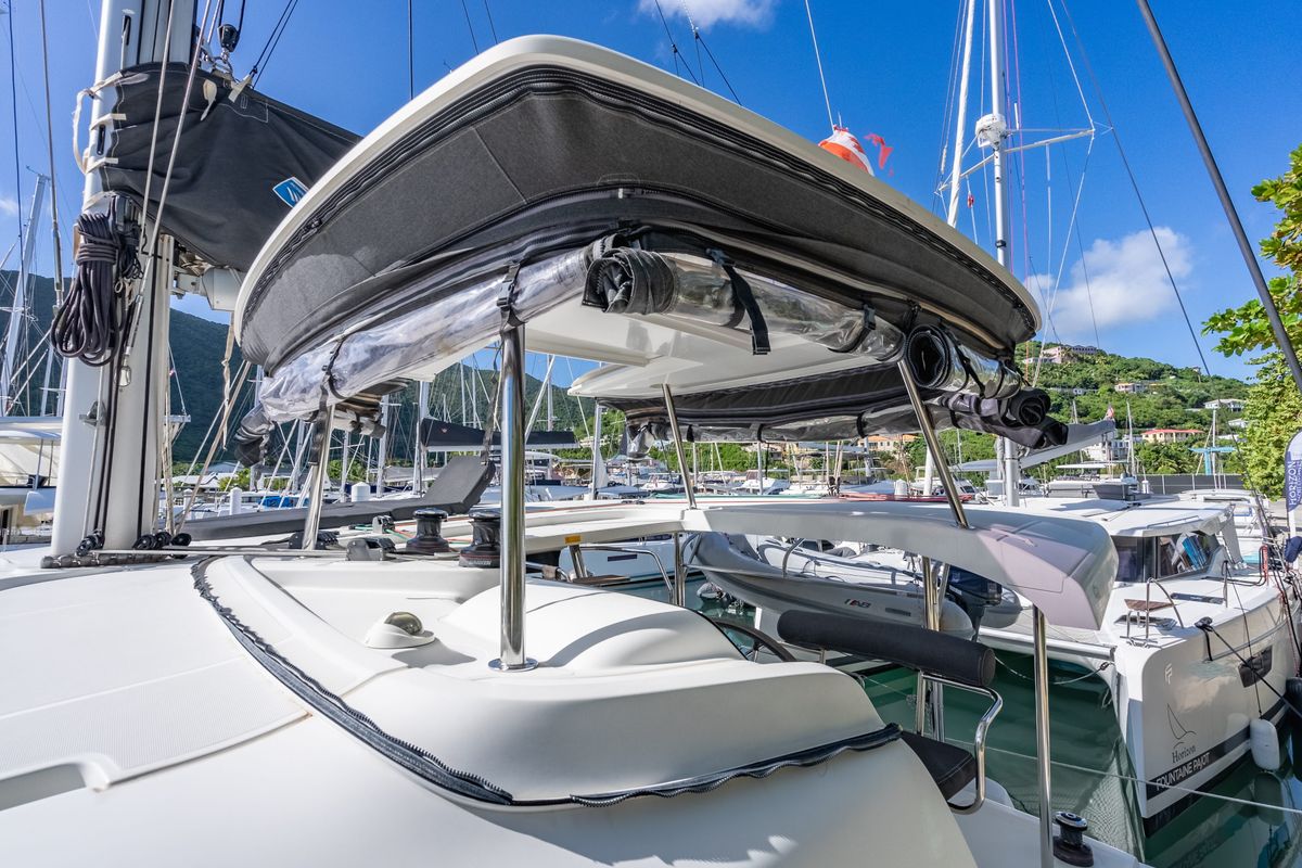 Deck of Arctic Fantasy II, a Lagoon 42 catamaran at Road Town, British Virgin Islands