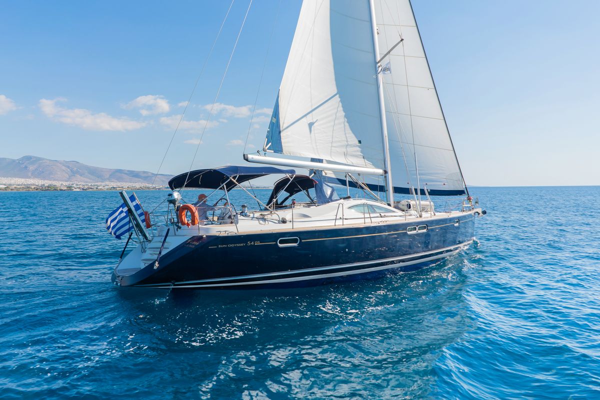 Exterior view of Veni, a Jeanneau Sun Odyssey 54DS sailboat at Athens, Greece