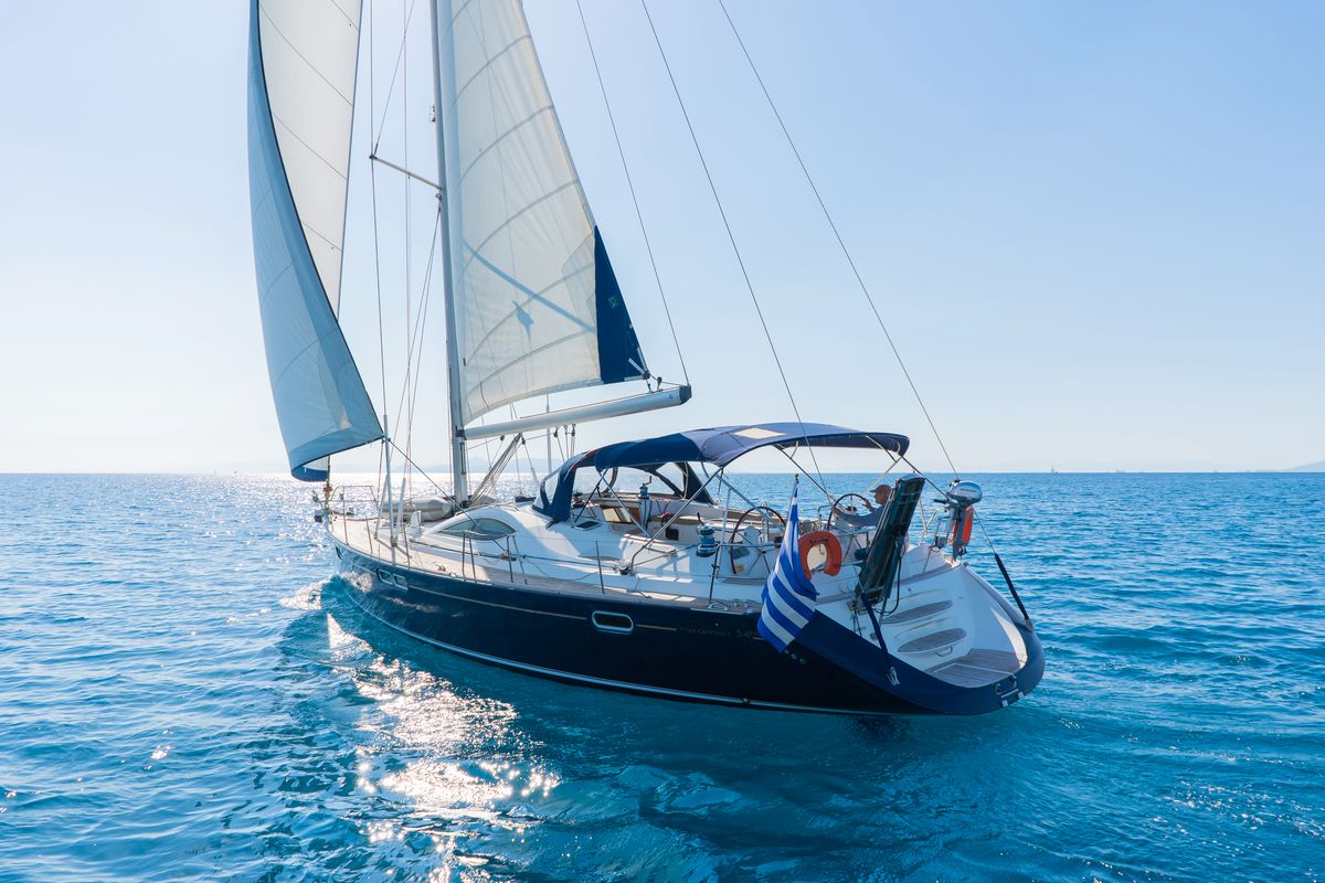 Exterior view of Veni, a Jeanneau Sun Odyssey 54DS sailboat at Athens, Greece