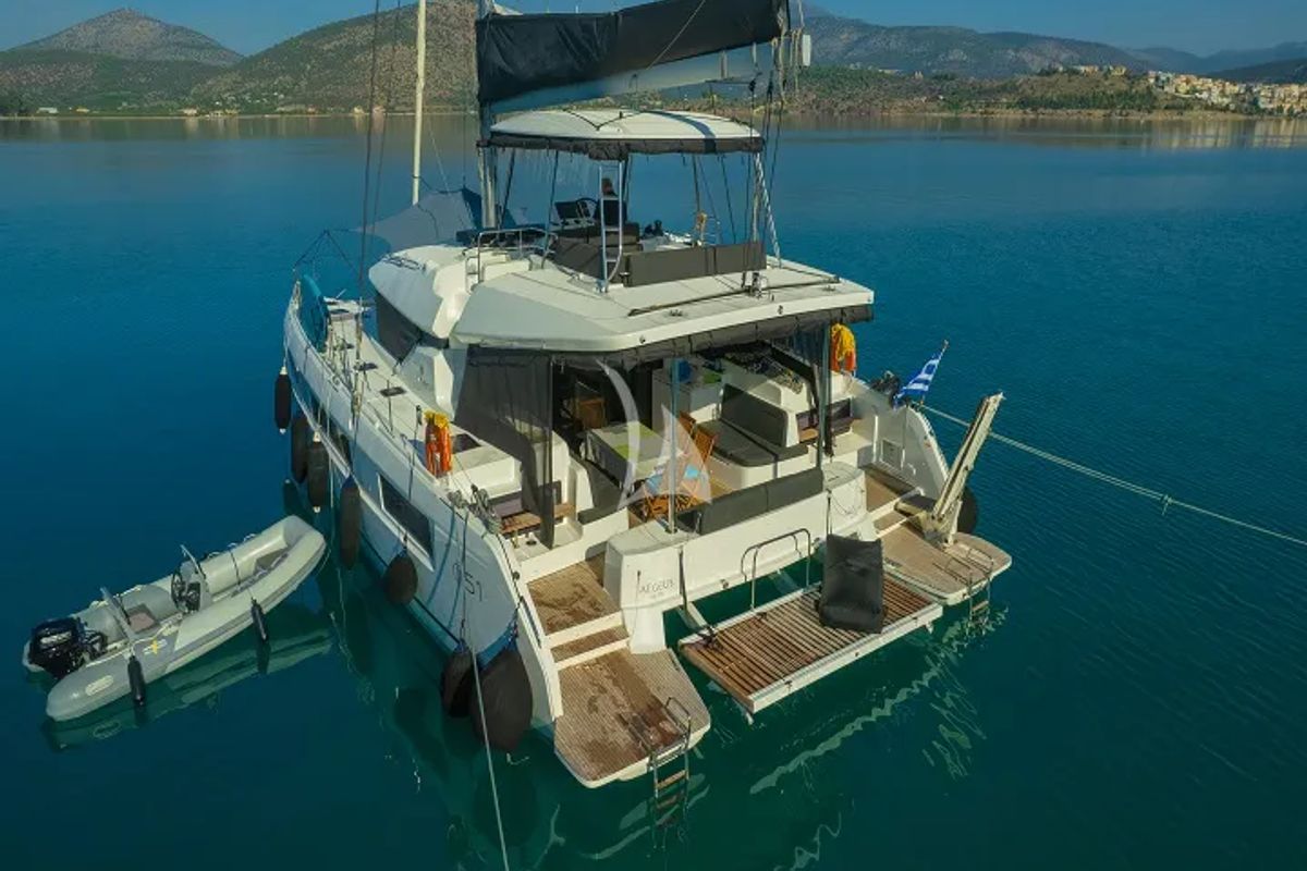Exterior view of Aegeus, a Lagoon 51 catamaran at Athens, Greece