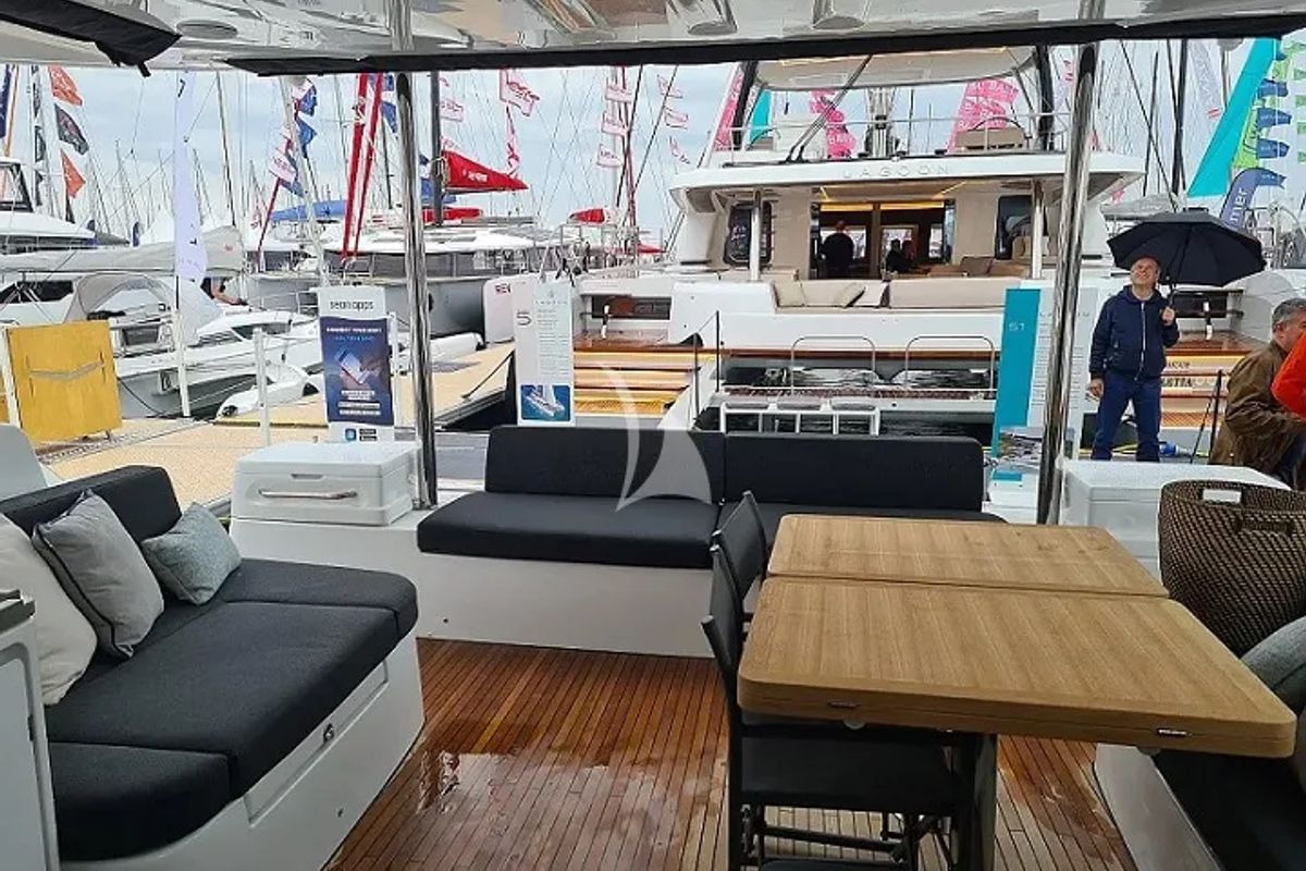 Deck of Aegeus, a Lagoon 51 catamaran at Athens, Greece