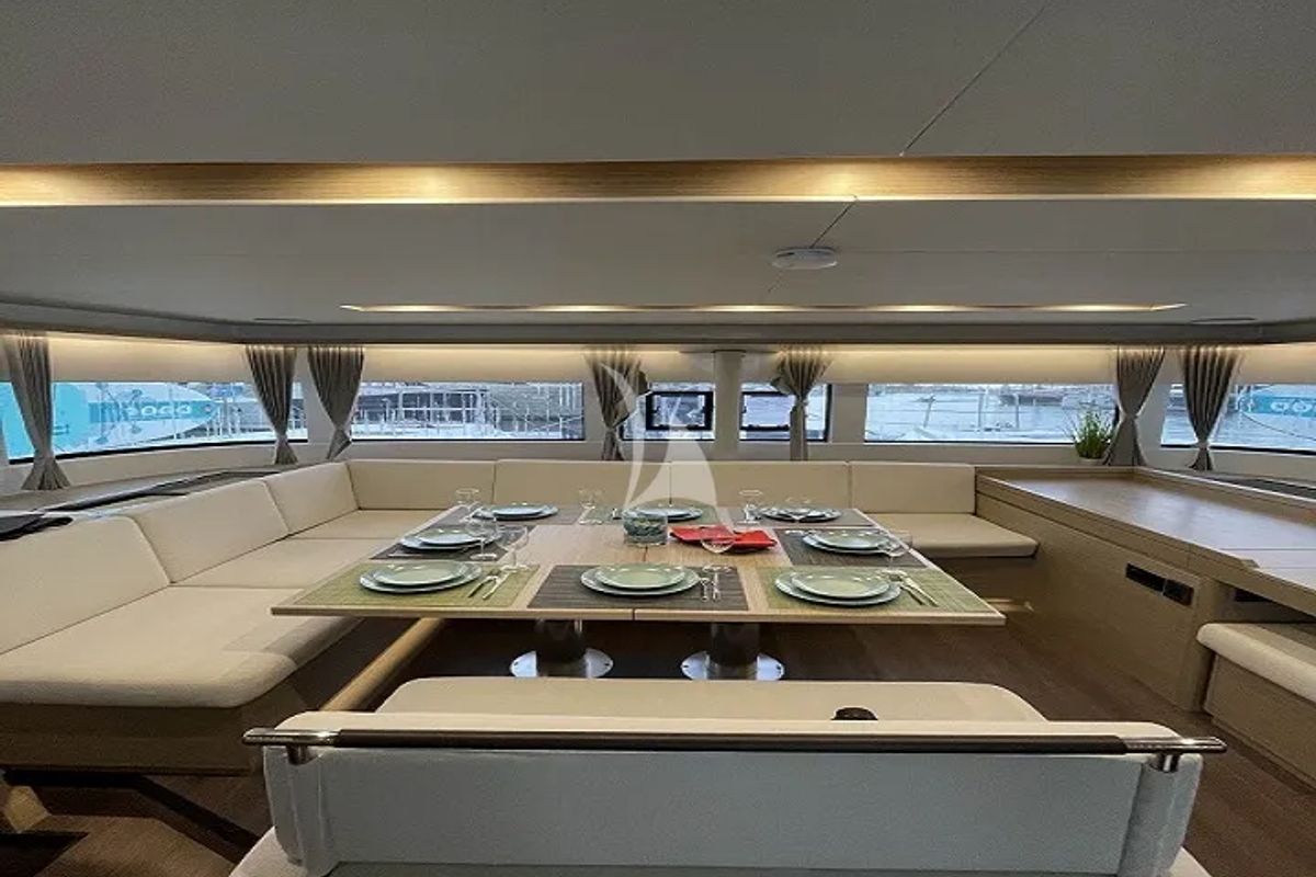 Salon of Aegeus, a Lagoon 51 catamaran at Athens, Greece