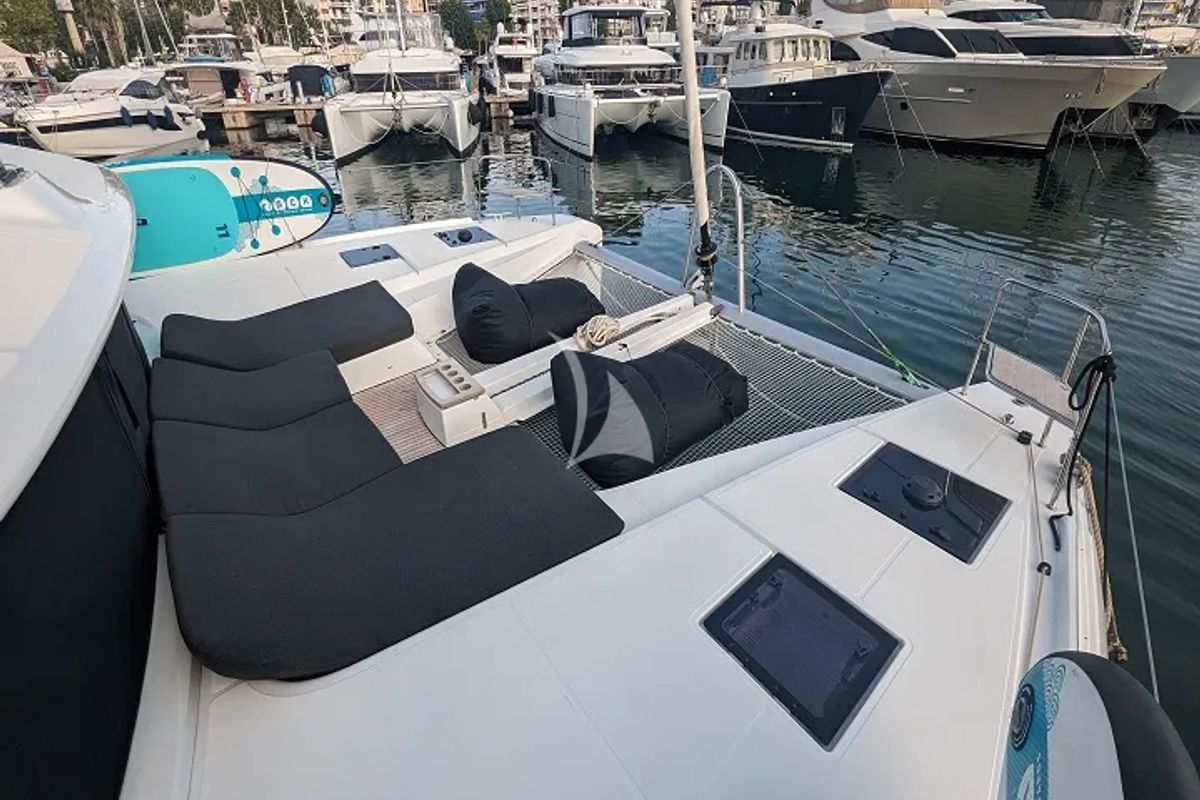 Deck of Aegeus, a Lagoon 51 catamaran at Athens, Greece