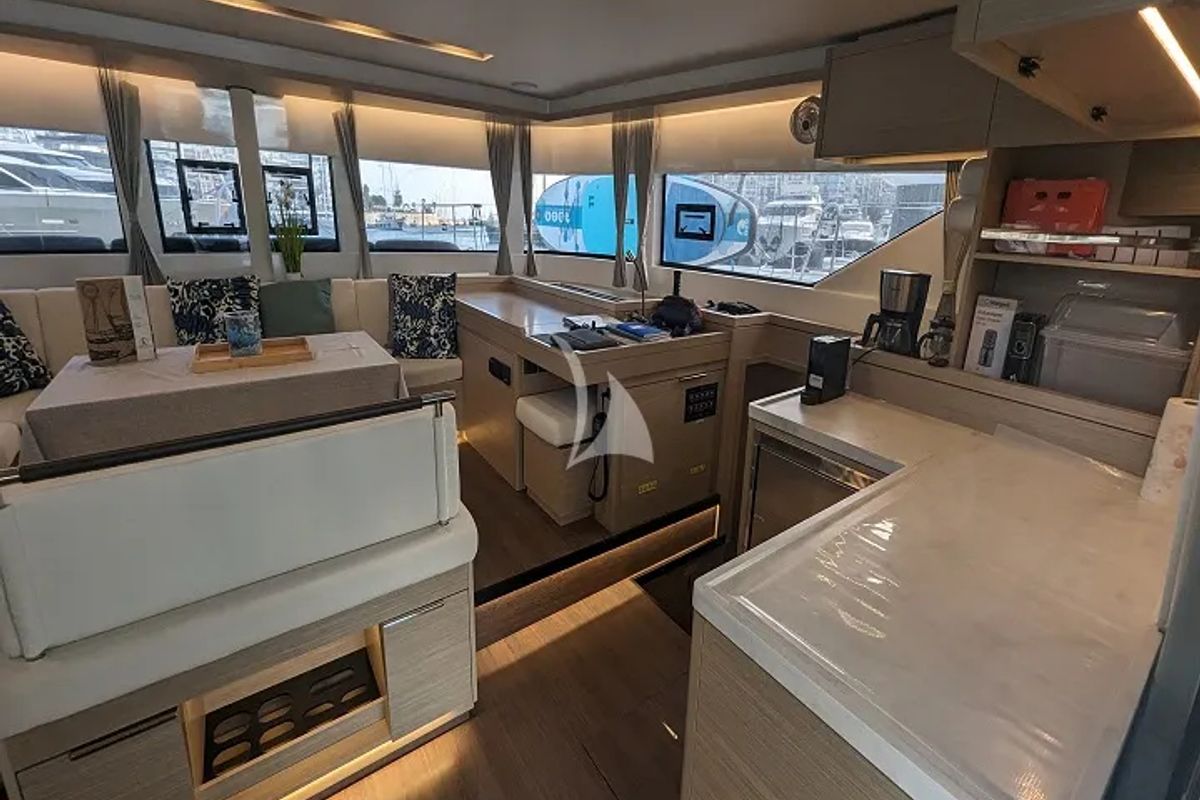Salon of Aegeus, a Lagoon 51 catamaran at Athens, Greece
