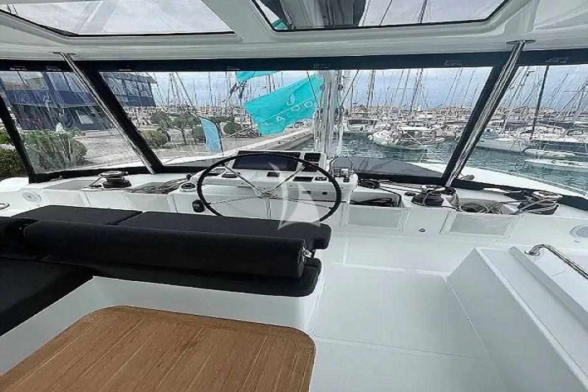 Cockpit of Aegeus, a Lagoon 51 catamaran at Athens, Greece