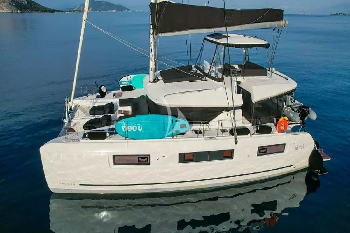 Exterior view of Aegeus, a Lagoon 51 catamaran at Athens, Greece