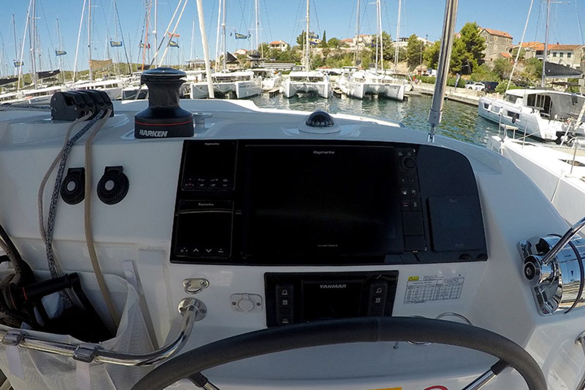 Cockpit of Tom Cat, a Lagoon 40 catamaran at Grad Šibenik, Croatia