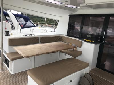 Deck of Pixie Dixie, a Fountaine Pajot Helia 44 catamaran at Olbia, Italy