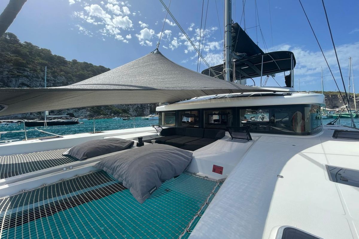 Deck of GOA 10, a Lagoon 52 catamaran at Santa Eulària des Riu, Spain