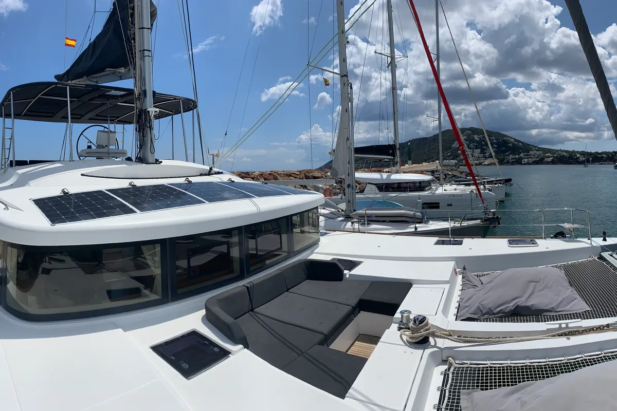 Deck of GOA 10, a Lagoon 52 catamaran at Santa Eulària des Riu, Spain