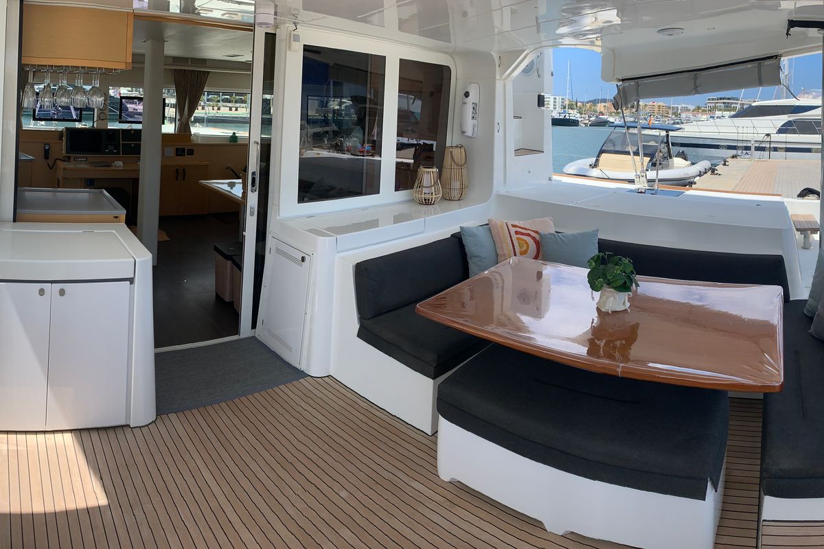 Deck of GOA 10, a Lagoon 52 catamaran at Santa Eulària des Riu, Spain