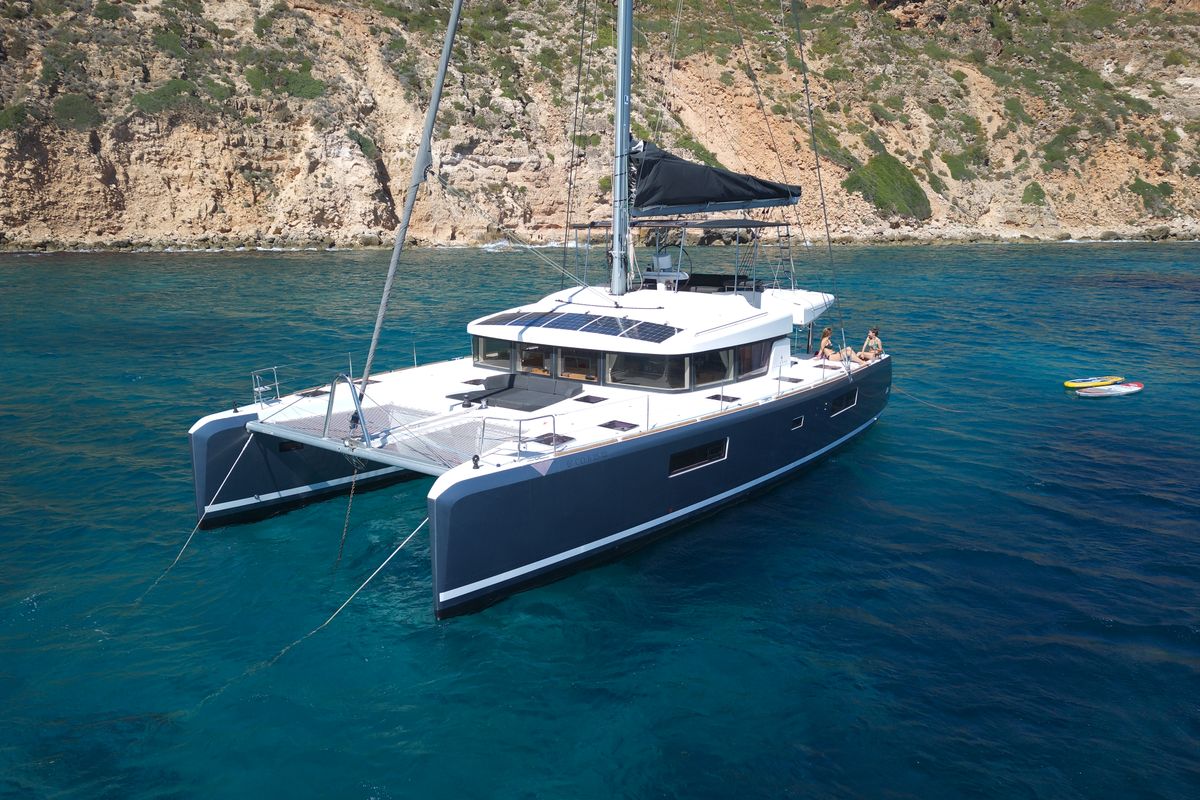 Exterior view of GOA 10, a Lagoon 52 catamaran at Santa Eulària des Riu, Spain