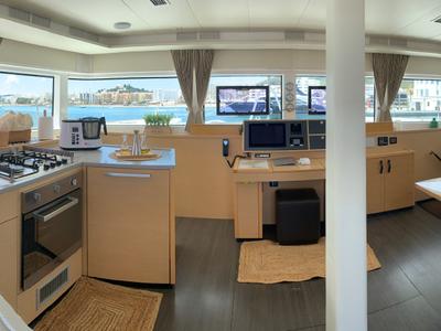 Salon of GOA 10, a Lagoon 52 catamaran at Santa Eulària des Riu, Spain