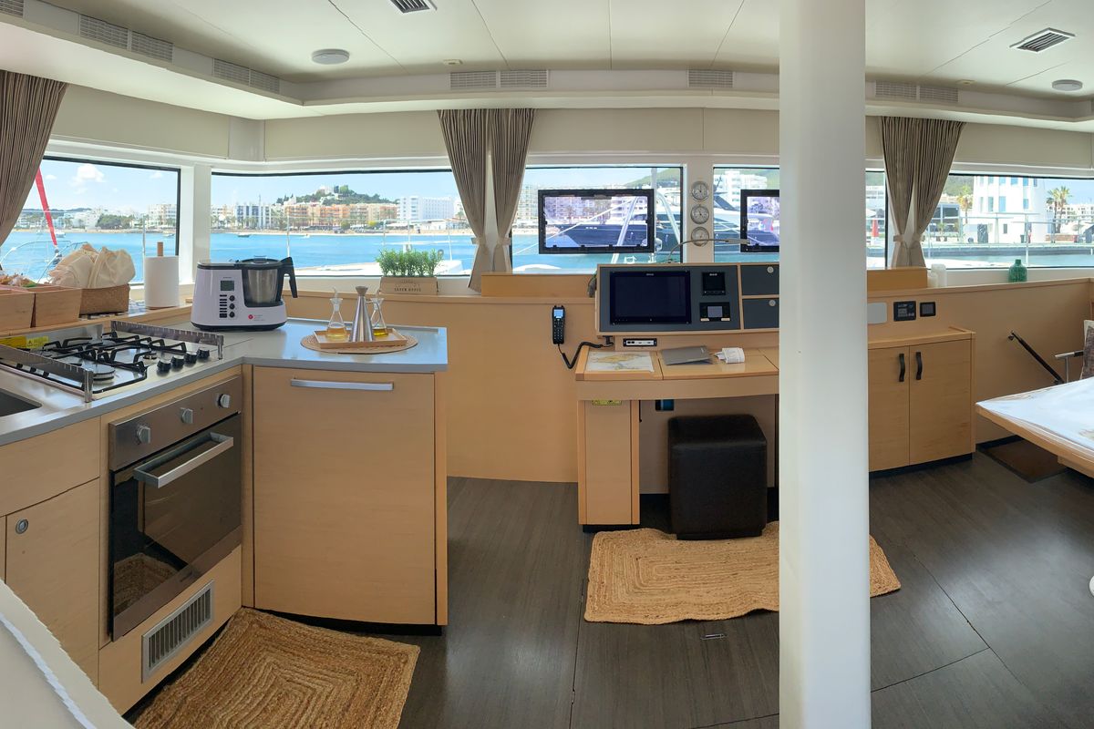 Salon of GOA 10, a Lagoon 52 catamaran at Santa Eulària des Riu, Spain