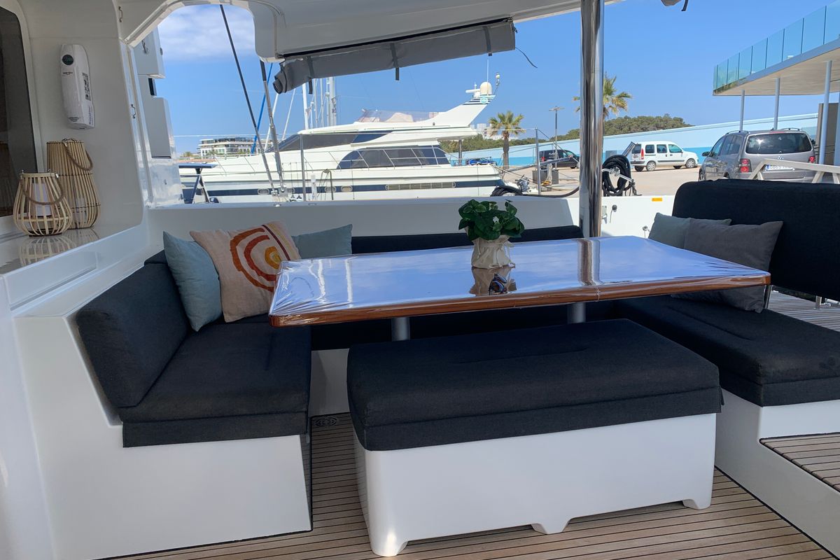 Deck of GOA 10, a Lagoon 52 catamaran at Santa Eulària des Riu, Spain