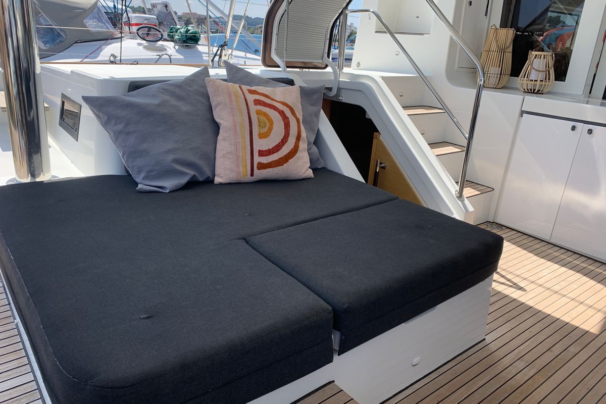 Deck of GOA 10, a Lagoon 52 catamaran at Santa Eulària des Riu, Spain