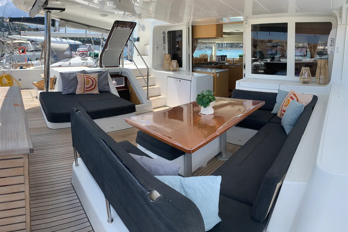 Deck of GOA 10, a Lagoon 52 catamaran at Santa Eulària des Riu, Spain